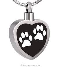 J-027-W – Stainless Steel Cremation Urn Pendant w/ Chain – Heart – Two Paw Prints