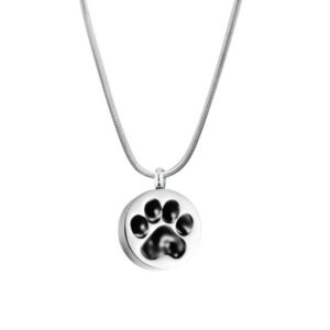 J-880 – Stainless Steel Cremation Urn Pendant w/ Chain – Circle with Paw Print in Black & Silver