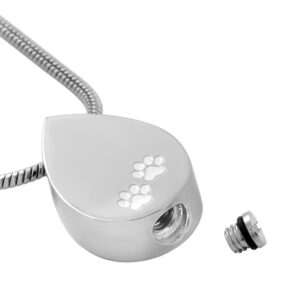 J-1502 – Stainless Steel Cremation Urn Pendant with Chain – Tear Drop with Paw Prints
