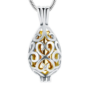 J-2020-G – Stainless Steel Cremation Urn Pendant with Chain – Gold and Silver Colored Filigree Teardrop Locket