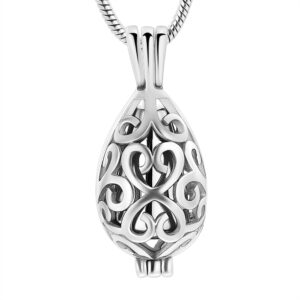 J-2020-RG – Stainless Steel Cremation Urn Pendant with Chain – Rose Gold and Silver Colored Filigree Teardrop Locket