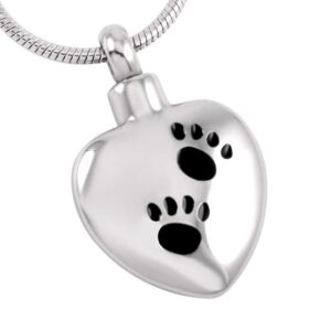 J-369 Stainless Steel Cremation Urn Pendant with Chain – Heart – Two Paw Prints