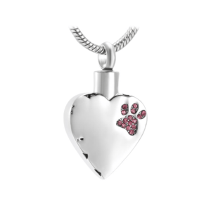 J-425-PP – Stainless Steel Cremation Urn Pendant with Chain – Heart – Pink Paw Print