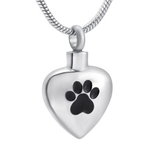 J-504 Stainless Steel Cremation Urn Pendant with Chain – Heart with Single Paw Print