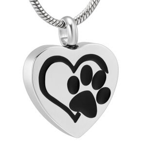 J-544 – Stainless Steel Cremation Urn Pendant with Chain – Heart with Paw Print