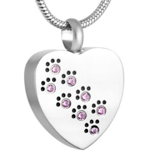 J-623-Pink – Stainless Steel Cremation Urn Pendant with Chain – Heart – Pink Paw Prints
