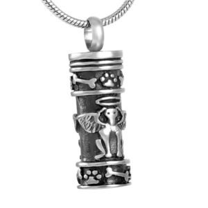 J-628 Stainless Steel Cremation Urn Pendant with Chain – Guardian Dog Angel Cylinder with Paw Prints and Bone Design