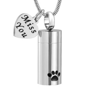 J-937 Stainless Steel Cremation Urn Pendant with Chain – Cylinder with Single Paw Print & Heart
