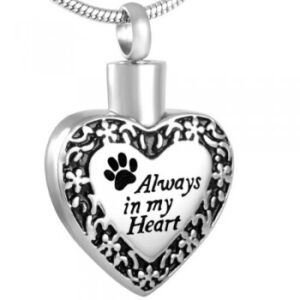 J-084 – Stainless Steel Cremation Urn Pendant w/ Chain – Heart – Always in My Heart