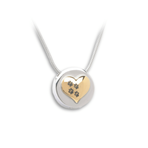J-375 Silver Circle with Gold Heart and Paw Prints – Pendant with Chain