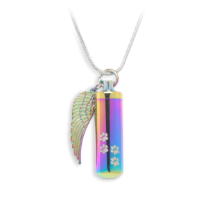 J-527 Rainbow Cylinder with Paw Prints and Wing – Pendant with Chain