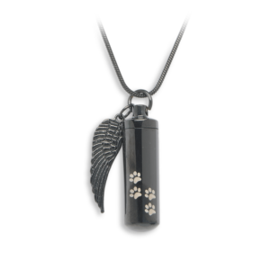 J-527 Black Cylinder with Paw Prints and Wing – Pendant with Chain