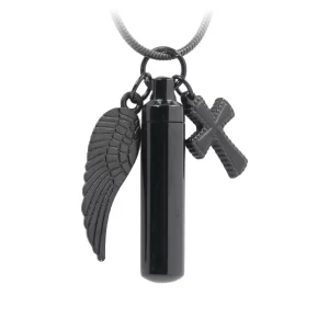 J-203 – Black-tone Cylinder with Angel Wing and Cross – Pendant with Chain