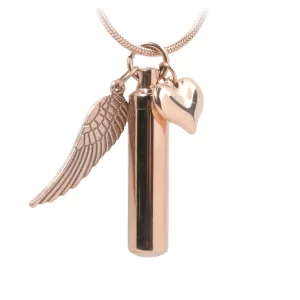J-205 – Rose Gold-tone Cylinder with Angel Wing and Heart – Pendant with Chain