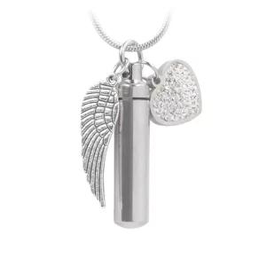 J – 206 Silver tone Cylinder with Angel Wing & Crystal Heart